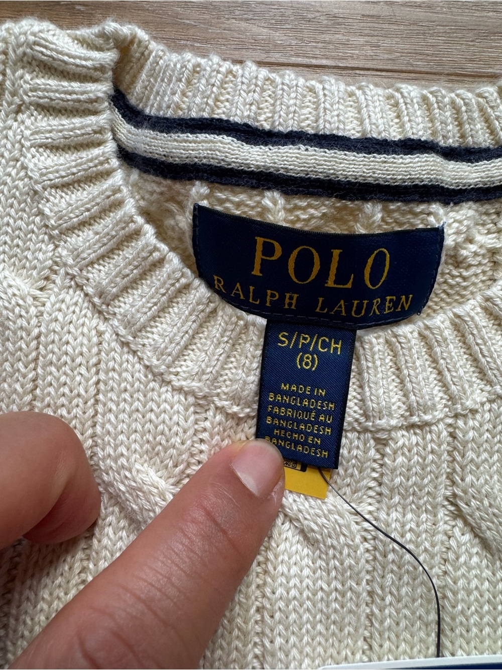Polo by Ralph Lauren Cream Cable Knit Crewneck Sweater with Navy Pony - Picture 7 of 10